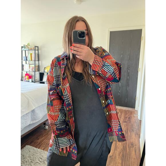 VINTAGE | Marcus by Neiman Marcus Linen Blend Abstract Pattern Button-Down Shirt - Picture 1 of 16